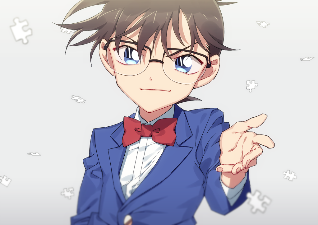 1boy arm_at_side bangs black-framed_eyewear blazer blurry bow bowtie brown_hair child closed_mouth collared_shirt commentary_request depth_of_field edogawa_conan fingernails glasses grey_background jacket k_(gear_labo) looking_at_viewer male_focus meitantei_conan outstretched_hand puzzle_piece reaching_out red_bow red_neckwear shirt short_hair simple_background smile solo upper_body white_shirt wind