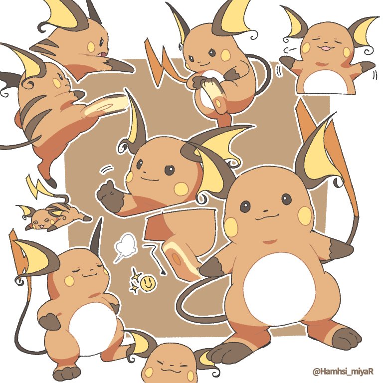 @_@ artist_name closed_mouth commentary_request emoji gen_1_pokemon hamhsi_miyar kicking looking_at_viewer multiple_views no_humans open_mouth outline pokemon pokemon_(creature) raichu smile sparkle standing toes tongue