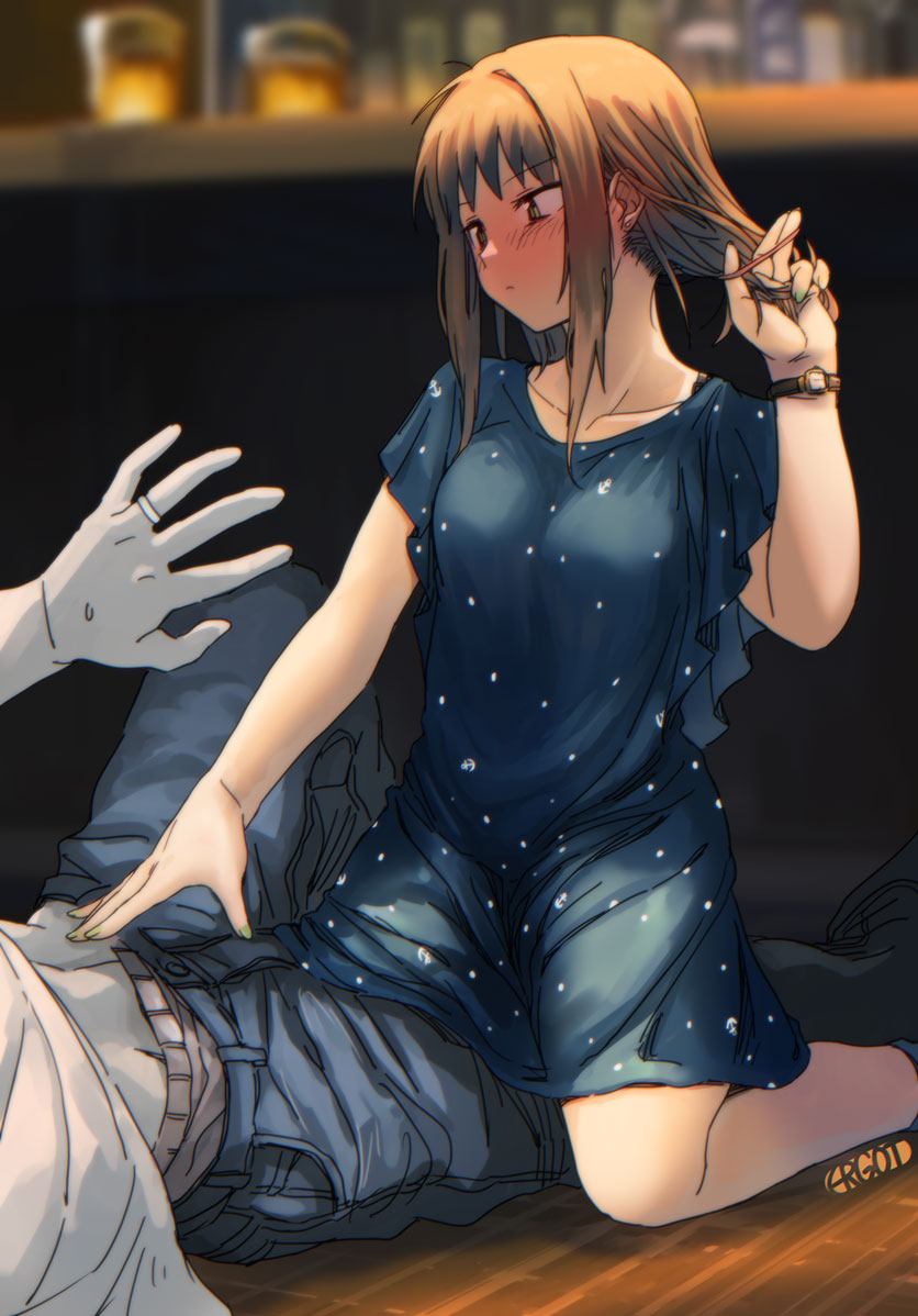 1boy 1girl adjusting_hair bangs blue_dress blush breasts brown_hair closed_mouth commentary denim dress ergot fubuki_(kancolle) green_nails hand_in_hair indoors jeans jewelry kantai_collection medium_breasts nail_polish nose_blush on_floor pants ring short_sleeves sidelocks signature solo_focus sweat watch watch wedding_band