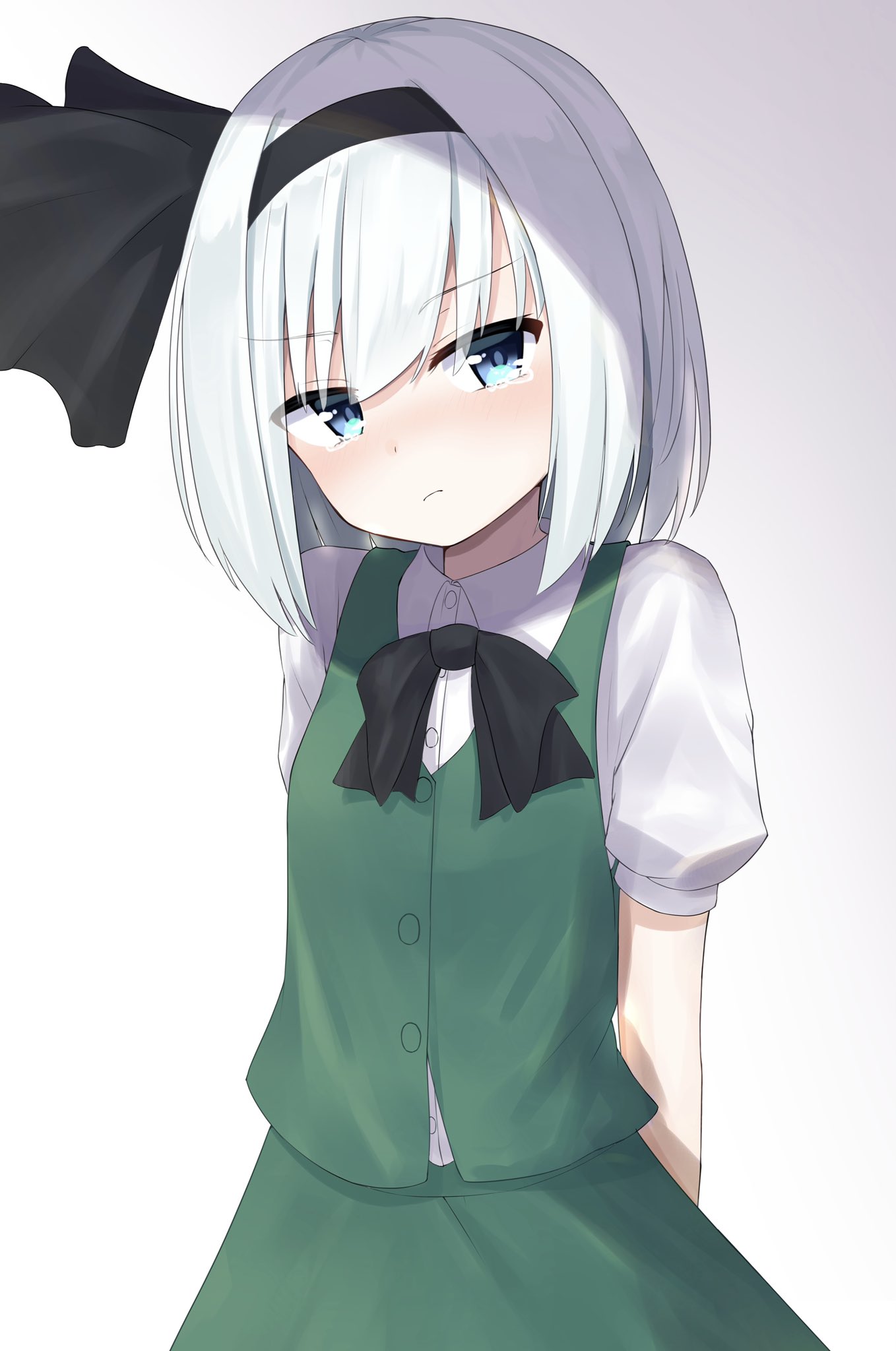 1girl black_bow black_hairband black_neckwear black_ribbon blue_eyes bob_cut bow bowtie collared_shirt flat_chest green_skirt green_vest hair_ribbon hairband highres konpaku_youmu looking_at_viewer myon_(phrase) negi_0712 ribbon serious shadow shirt short_hair short_sleeves silver_hair skirt skirt_set touhou vest white_shirt