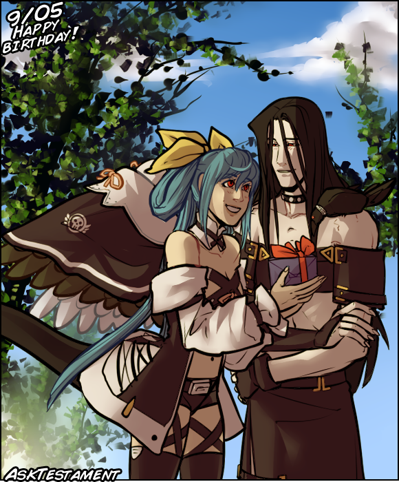 1boy 1girl asymmetrical_gloves bare_shoulders bird birthday black_clothes black_hair blue_hair blue_sky box choker clouds crow dizzy_(guilty_gear) gift gift_box gloves guilty_gear guilty_gear_xx hair_between_eyes leaf long_hair looking_at_another midriff muffintosser open_clothes open_skirt puffy_sleeves red_eyes ribbon skirt sky smile tail testament_(guilty_gear) thigh_strap tree wings yellow_ribbon