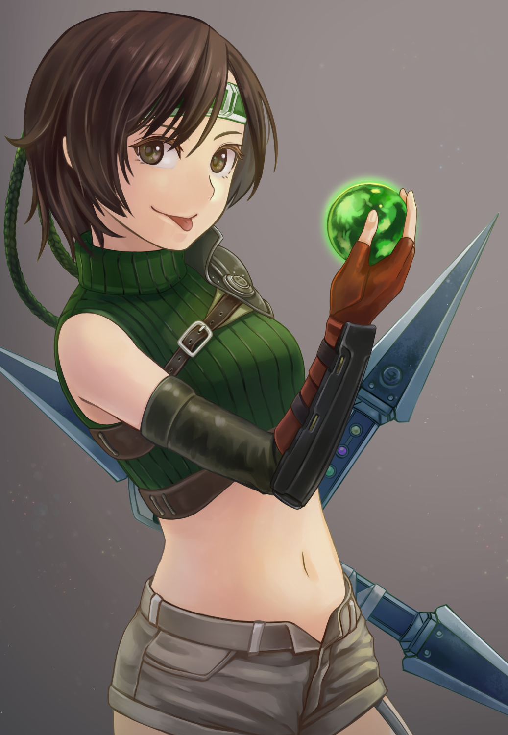 1girl bare_shoulders brown_background brown_eyes brown_hair brown_shorts commentary cowboy_shot cropped_sweater final_fantasy final_fantasy_vii final_fantasy_vii_remake fingerless_gloves gloves gradient gradient_background green_sweater headband highres holding holding_weapon huge_weapon kaeru_(csit24) looking_at_viewer materia midriff navel open_fly ribbed_sweater short_hair shorts shuriken sleeveless sleeveless_turtleneck solo sweater tongue tongue_out turtleneck turtleneck_sweater weapon yuffie_kisaragi