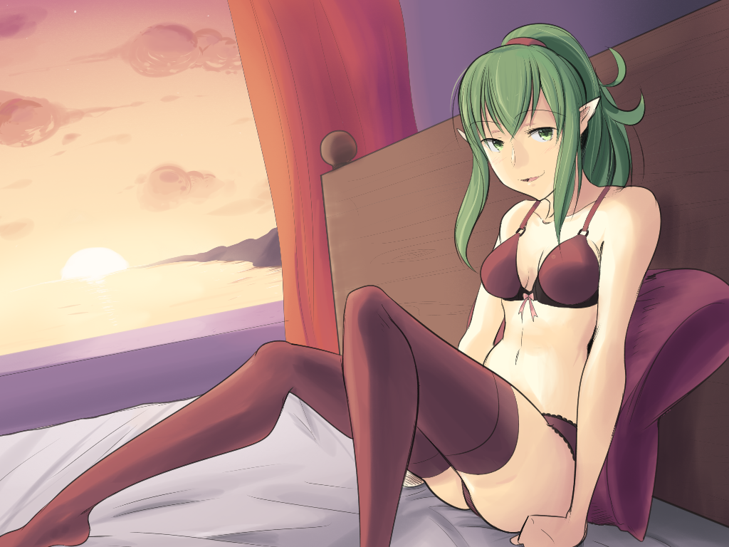 1girl boa_(brianoa) bra breasts check_character fire_emblem lingerie long_hair looking_at_viewer open_mouth panties smile solo thigh-highs tiki_(fire_emblem) underwear