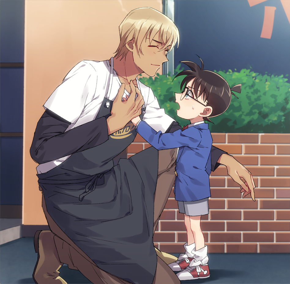 2boys ^_^ amuro_tooru apron bangs black-framed_eyewear black_apron black_shirt blazer blonde_hair blue_eyes blue_jacket bow bowtie brown_footwear brown_hair brown_pants child closed_eyes closed_mouth collared_shirt commentary_request edogawa_conan employee_uniform facing_another from_side full_body glasses grey_shorts hair_between_eyes hand_up height_difference jacket k_(gear_labo) long_sleeves looking_at_another male_focus meitantei_conan multiple_boys one_knee open_mouth outdoors pants plant red_bow red_footwear red_neckwear shadow shirt shoes short_hair short_over_long_sleeves short_sleeves shorts smile sneakers socks standing sweatdrop uniform white_legwear white_shirt