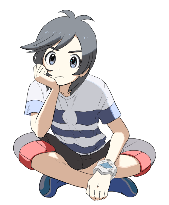 1boy antenna_hair aoaomzir bangs blue_footwear capri_pants closed_mouth commentary_request elio_(pokemon) full_body grey_eyes grey_hair head_rest looking_at_viewer male_focus pants pokemon pokemon_(game) pokemon_sm shirt shoes short_sleeves simple_background solo striped striped_shirt sweatdrop white_background z-ring