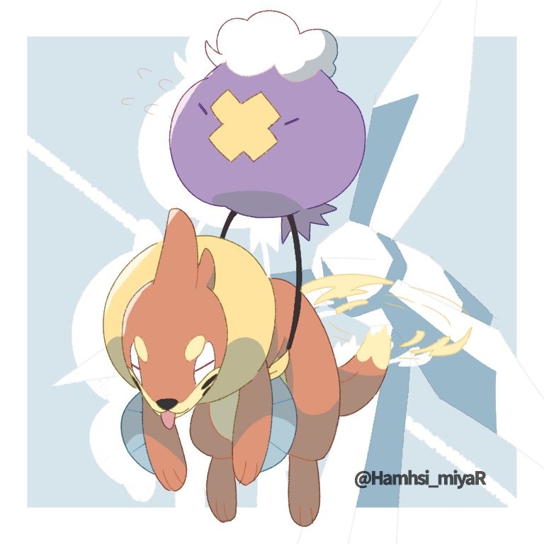 artist_name buizel carrying closed_eyes commentary_request drifloon flying flying_sweatdrops gen_4_pokemon hamhsi_miyar motion_blur no_humans pokemon pokemon_(creature) struggling tongue tongue_out watermark