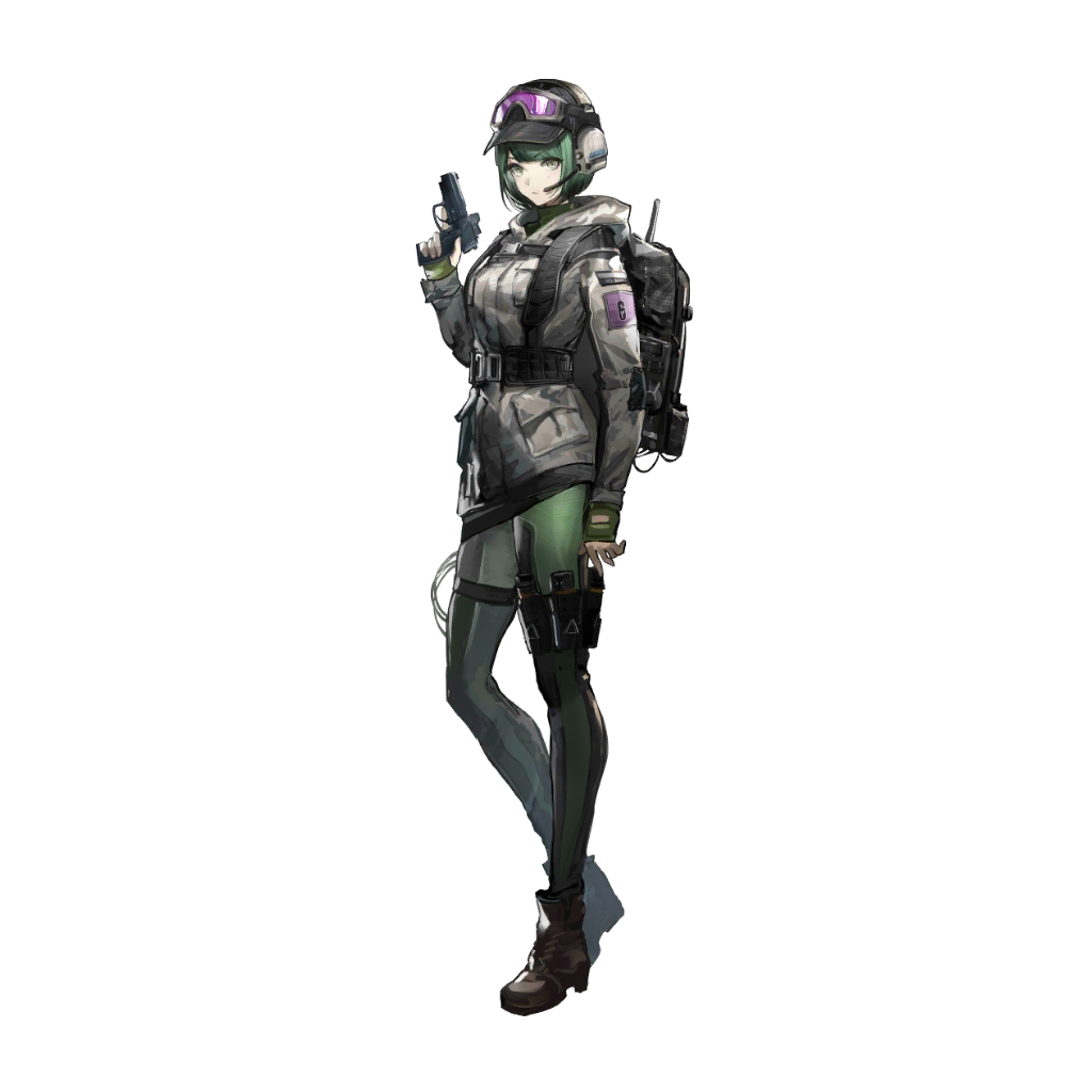 1girl arknights backpack bag baseball_cap boots crossover ela_(rainbow_six_siege) fingerless_gloves gloves goggles goggles_on_headwear green_hair gun handgun hat headset holding holding_gun holding_weapon official_art rainbow_six_siege shorts solo thigh-highs trigger_discipline weapon