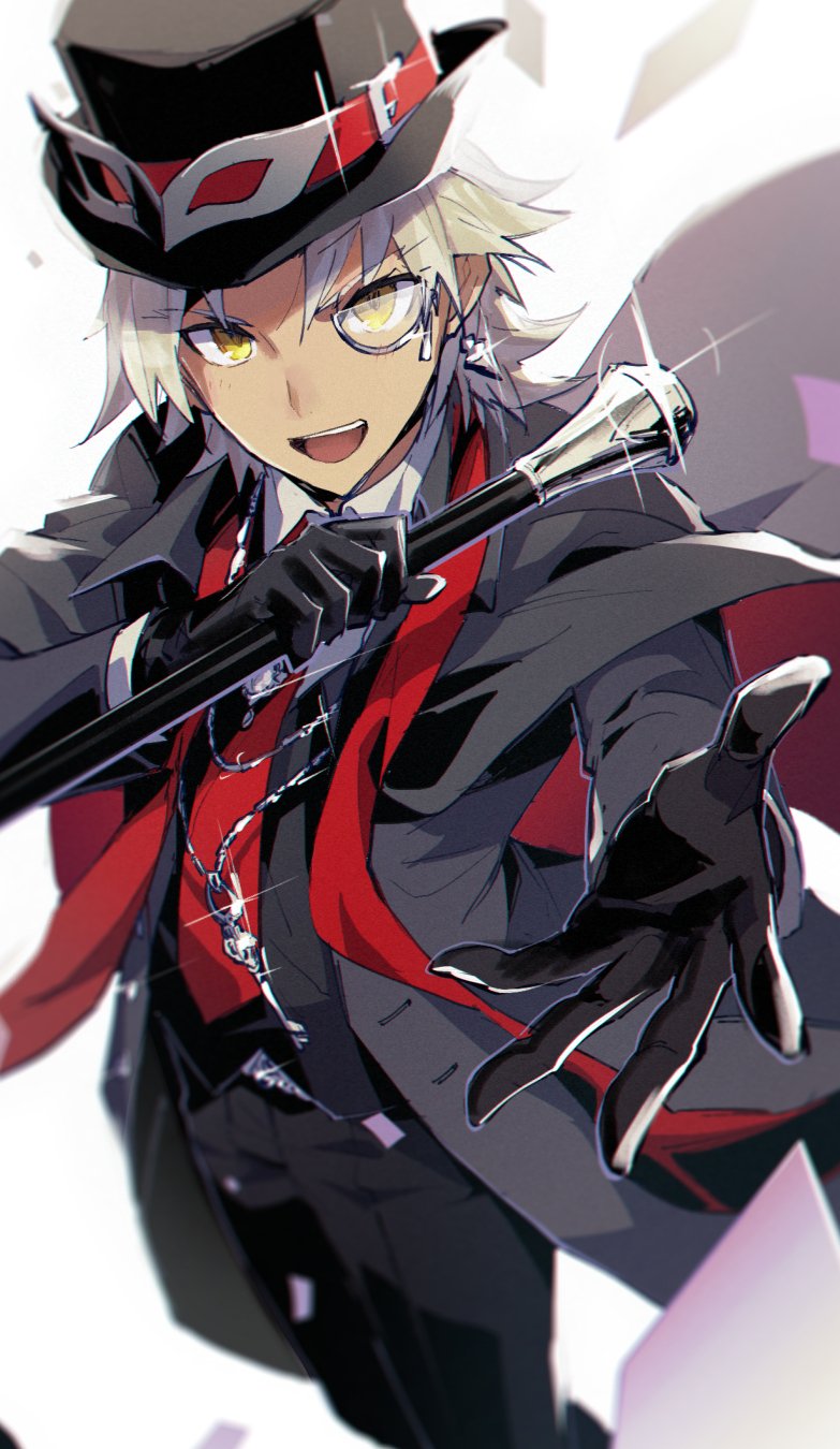 1boy amakusa_shirou_(fate) black_gloves blurry cane dark_skin dark_skinned_male depth_of_field earrings fate/apocrypha fate/grand_order fate_(series) feathers formal gloves hat highres holding jewelry looking_back male_focus menma222 monocle necklace necktie outstretched_hand solo sparkle suit top_hat upper_body white_hair yellow_eyes
