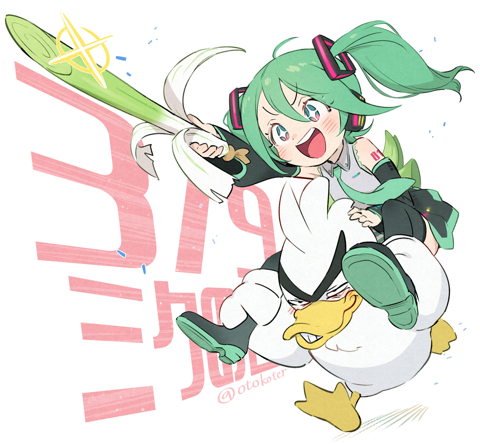 +_+ 1girl :d bangs blush boots commentary_request detached_sleeves floating_hair gen_8_pokemon green_hair green_neckwear hatsune_miku holding long_hair necktie open_mouth pokemon pokemon_(creature) sirfetch'd sleeveless smile spring_onion teeth thigh-highs thigh_boots tied_hair toku_(ke7416613) tongue twintails v-shaped_eyebrows vocaloid