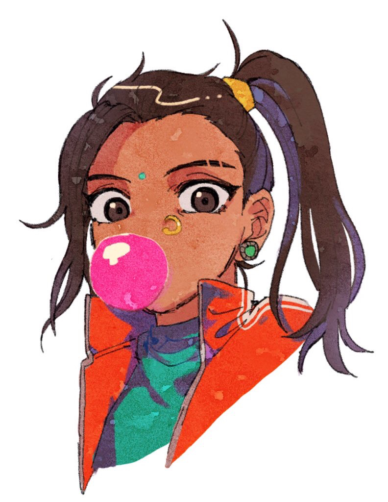 1girl apex_legends aqua_shirt brown_eyes bubble_blowing dark_skin dark-skinned_female earrings facial_mark forehead_mark hair_behind_ear husagin jacket jewelry nose_piercing nose_ring orange_jacket piercing rampart_(apex_legends) shirt side_ponytail single_earring solo upper_body white_background