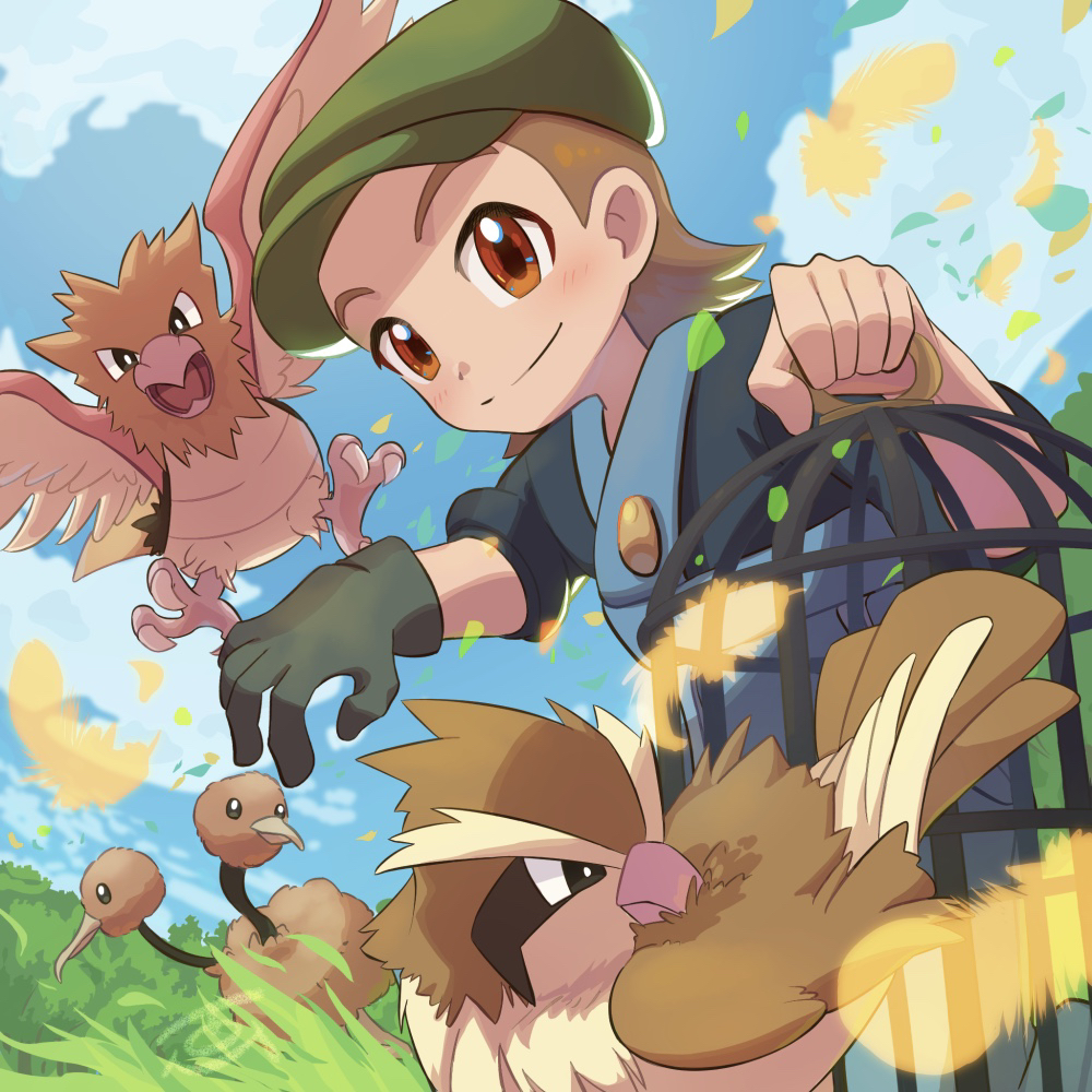1boy bird bird_keeper_(pokemon) birdcage black_shirt blush brown_hair cage closed_mouth clouds commentary_request day doduo feathers from_below gen_1_pokemon gloves grass green_gloves green_headwear hat holding leaves_in_wind male_focus orange_eyes outdoors overalls pidgey pokemon pokemon_(game) pokemon_lgpe shirt single_glove sky sleeves_rolled_up smile spearow tom_(pixiv10026189)