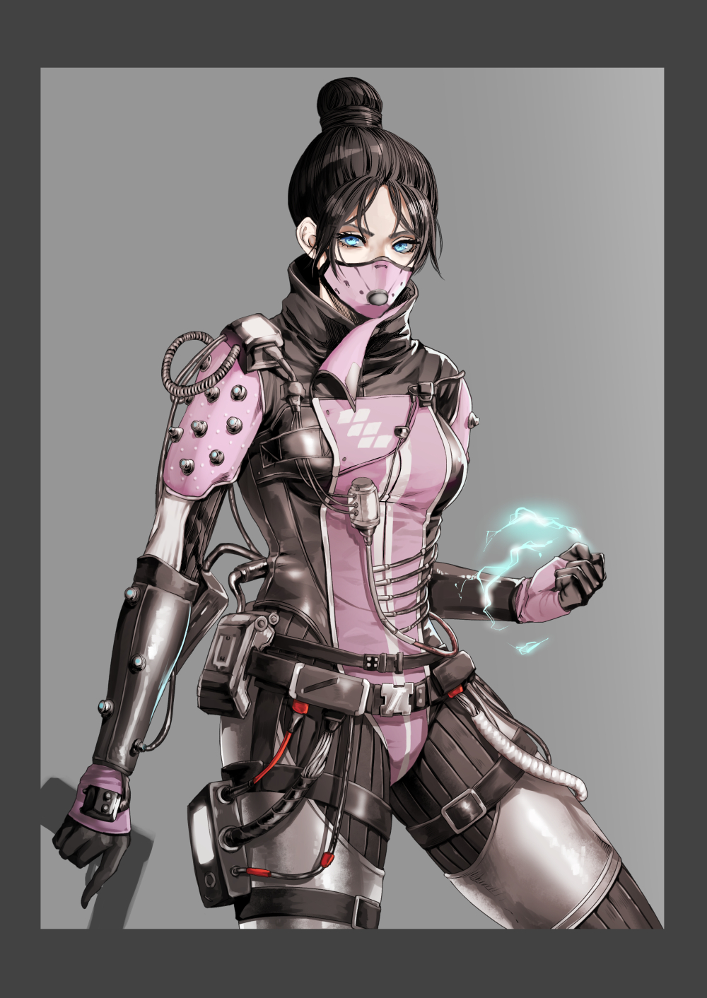 1girl apex_legends bangs black_bodysuit black_hair blue_eyes bodysuit border cable clenched_hand electricity grey_background grey_border gun hair_behind_ear hair_bun handgun highres holding holding_gun holding_weapon looking_at_viewer mask meriko_(meri_com25) mouth_mask parted_bangs pink_mask pistol solo thigh_strap weapon wraith_(apex_legends)
