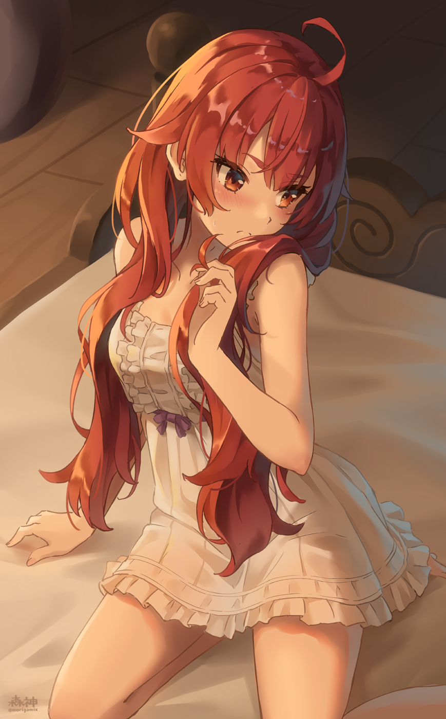 1girl ahoge bed blush breasts closed_mouth collarbone commentary_request dress duplicate eris_greyrat frilled_dress frills highres indoors long_hair looking_away looking_to_the_side morigami_(morigami_no_yashiro) mushoku_tensei nightgown on_bed red_eyes redhead shiny shiny_hair sleepwear sleeveless sleeveless_dress small_breasts solo sweat sweatdrop thick_eyebrows white_dress