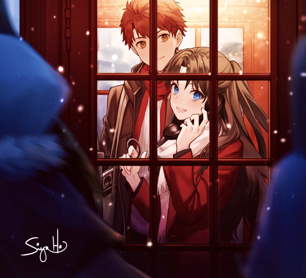 1boy 1girl artist_name black_hair blue_eyes blurry depth_of_field emiya_shirou fate/stay_night fate_(series) holding holding_phone lord_el-melloi_ii_case_files orange_eyes phone phone_booth redhead scarf signature siya_ho snowing tohsaka_rin upper_body