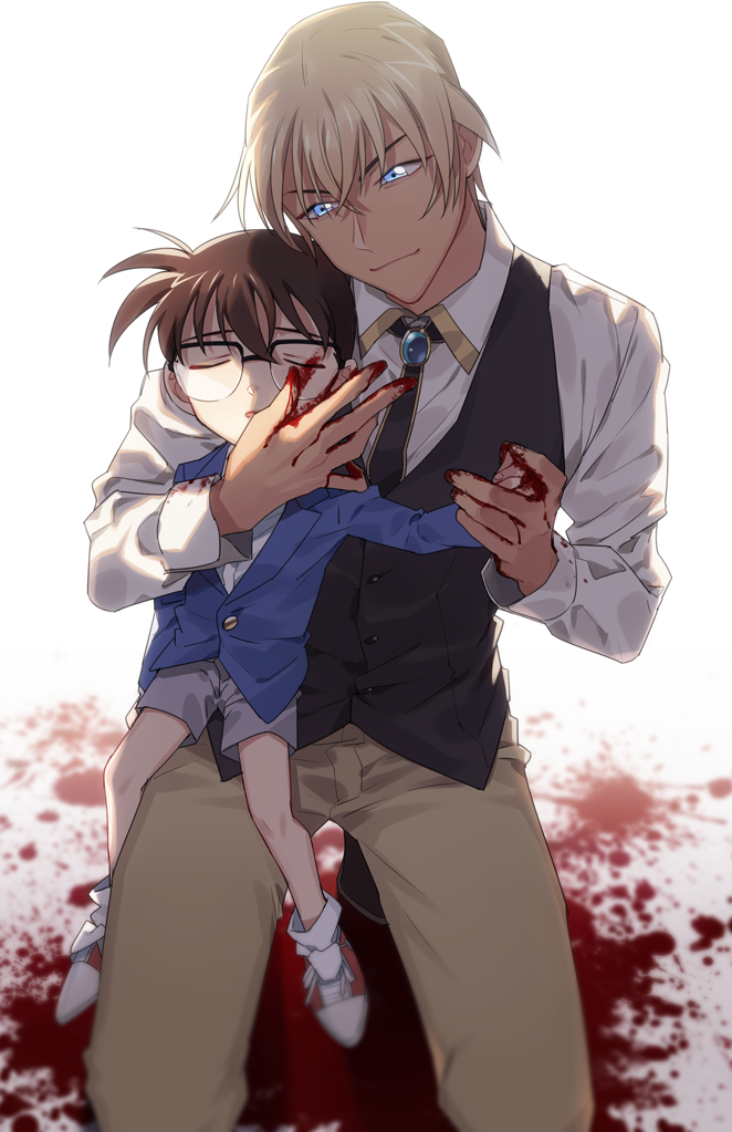 2boys amuro_tooru bangs black-framed_eyewear black_vest blazer blonde_hair blood blood_on_face blood_splatter bloody_clothes bloody_hands blue_jacket blurry brooch brown_hair brown_pants buttons child closed_eyes closed_mouth collared_shirt commentary_request depth_of_field edogawa_conan fingernails glasses grey_background grey_shorts hair_between_eyes hand_up height_difference holding_hands jacket jewelry k_(gear_labo) kneeling long_sleeves looking_at_another male_focus meitantei_conan multiple_boys pants parted_lips pool_of_blood red_footwear shirt shoes short_hair shorts smile sneakers socks vest white_legwear white_shirt