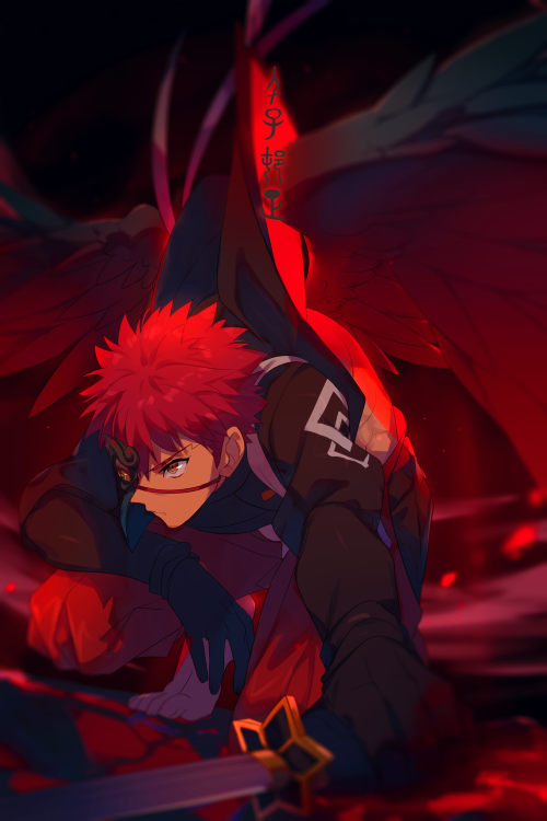 1boy alternate_costume arm_support black_wings blurry chaldea_logo cis05 depth_of_field fate/grand_order fate_(series) feathered_wings holding holding_sword holding_weapon katana looking_to_the_side male_focus mask redhead sengo_muramasa_(fate) solo squatting sword weapon wings yellow_eyes