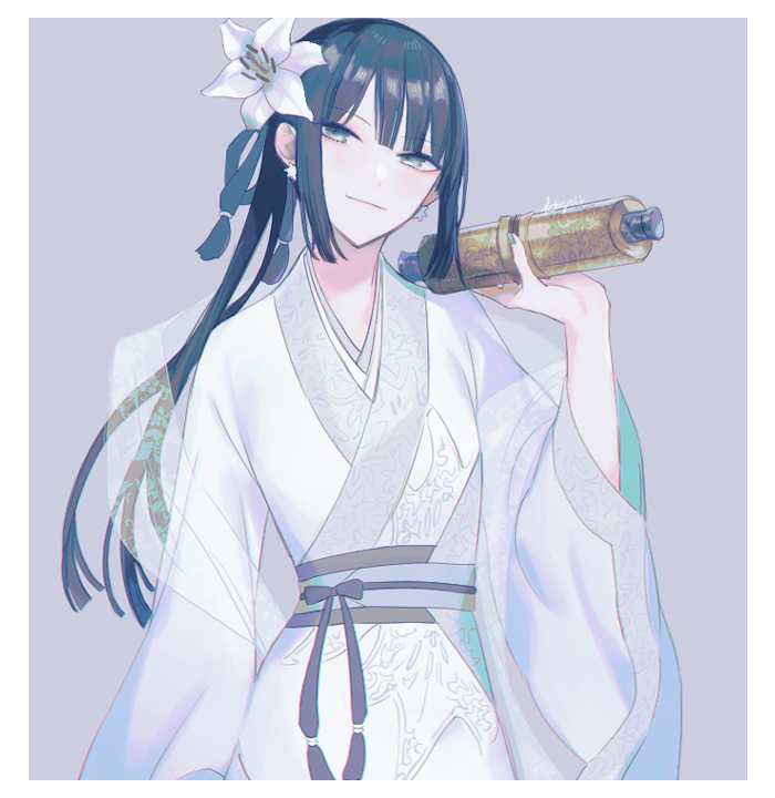 1girl bangs black_hair chinese_clothes closed_mouth earrings eyebrows_visible_through_hair fate/grand_order fate_(series) flower flower_earrings green_nails grey_background grey_eyes hair_flower hair_ornament hanfu holding holding_scroll jewelry jing_ke_(fate) kanitama_(putyourhead) long_hair looking_at_viewer nail_polish ponytail scroll side_ponytail simple_background smile solo white_flower wide_sleeves