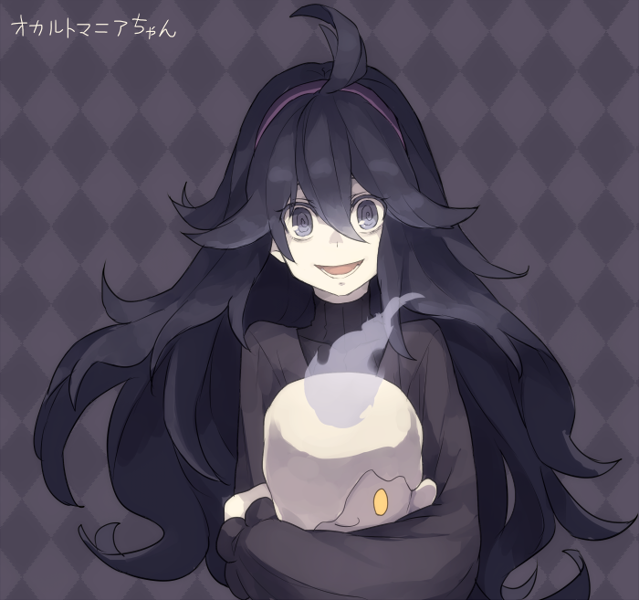 1girl ahoge bags_under_eyes black_hair candle carrying chorefuji fire flame gen_5_pokemon grey_eyes hairband hex_maniac_(pokemon) litwick long_hair looking_at_viewer messy_hair npc_trainer open_mouth pokemon pokemon_(creature) pokemon_(game) pokemon_xy ribbed_sweater spiral_eyes sweater teeth translation_request turtleneck upper_body