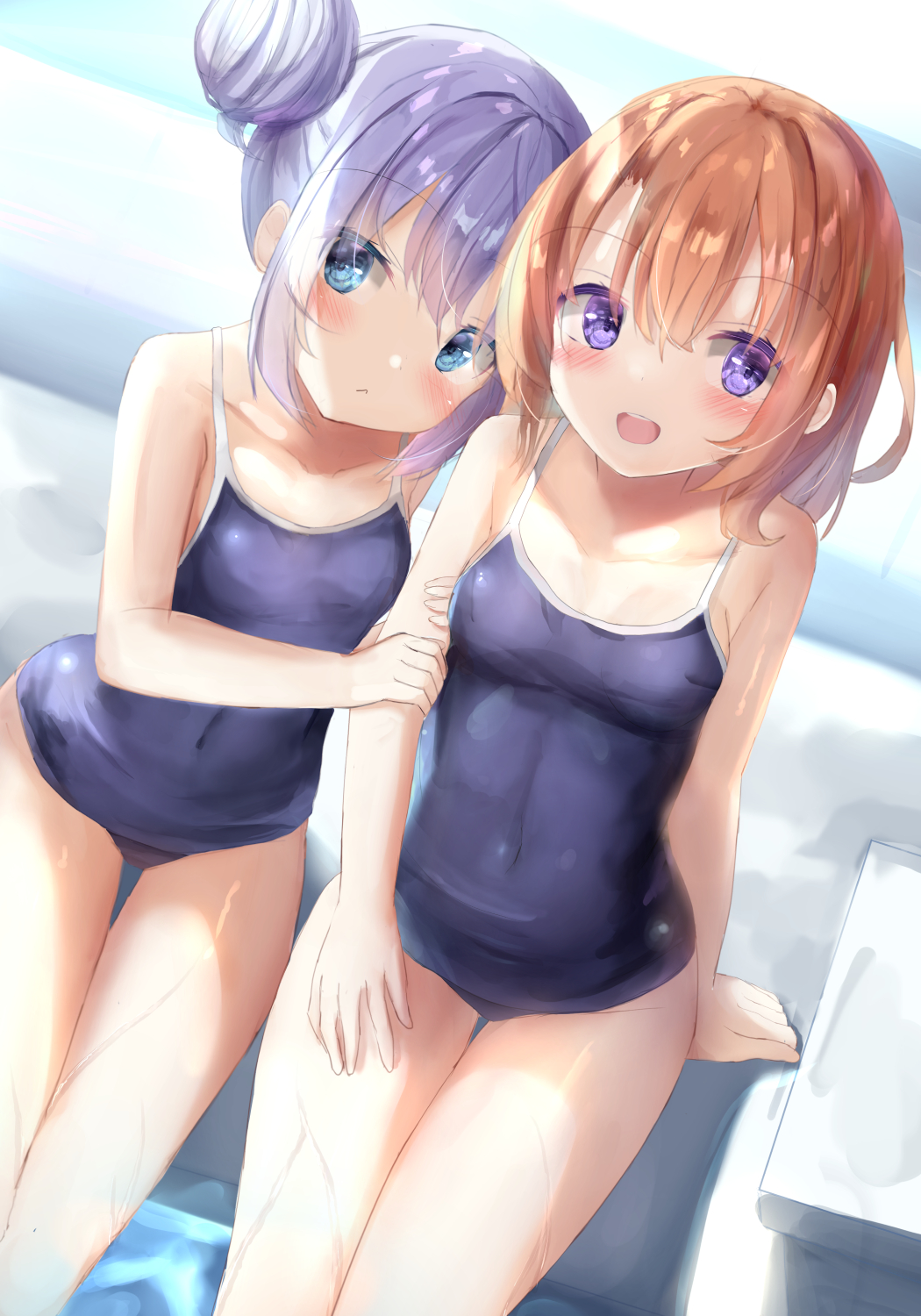 2girls :&lt; :d arm_grab bangs bare_arms bare_shoulders blue_eyes blue_hair blue_swimsuit blush breasts brown_hair closed_mouth commentary_request double_bun eyebrows_visible_through_hair gochuumon_wa_usagi_desu_ka? hair_between_eyes highres hoto_cocoa kafuu_chino looking_at_viewer multiple_girls natuna_natu one-piece_swimsuit open_mouth school_swimsuit sitting small_breasts smile swimsuit violet_eyes wet