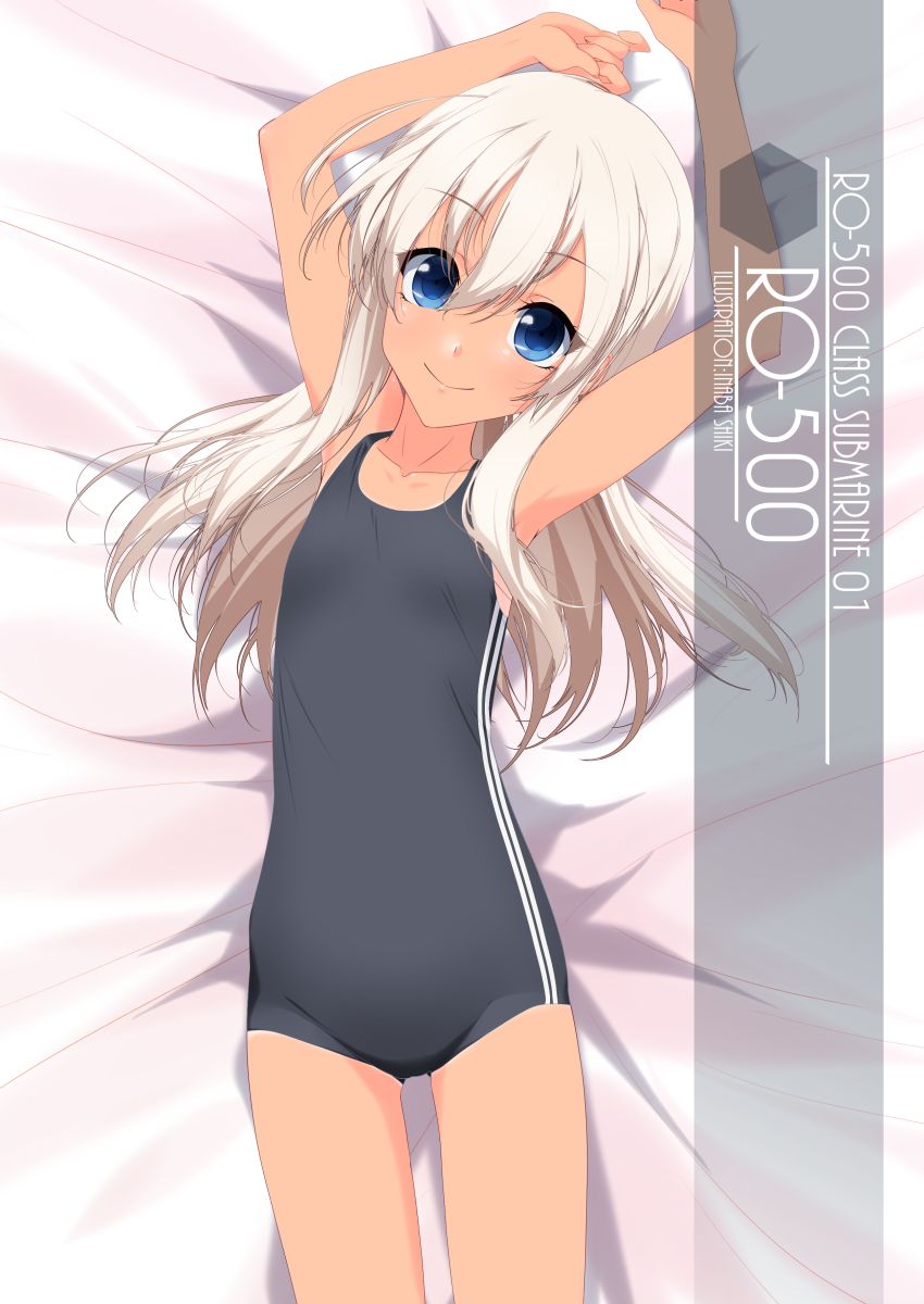 1girl arms_up artist_name black_swimsuit blonde_hair blue_eyes character_name collarbone commentary_request cowboy_shot flat_chest highres inaba_shiki kantai_collection long_hair looking_at_viewer lying new_school_swimsuit one-hour_drawing_challenge one-piece_tan ro-500_(kancolle) school_swimsuit smile solo swimsuit tan tanline