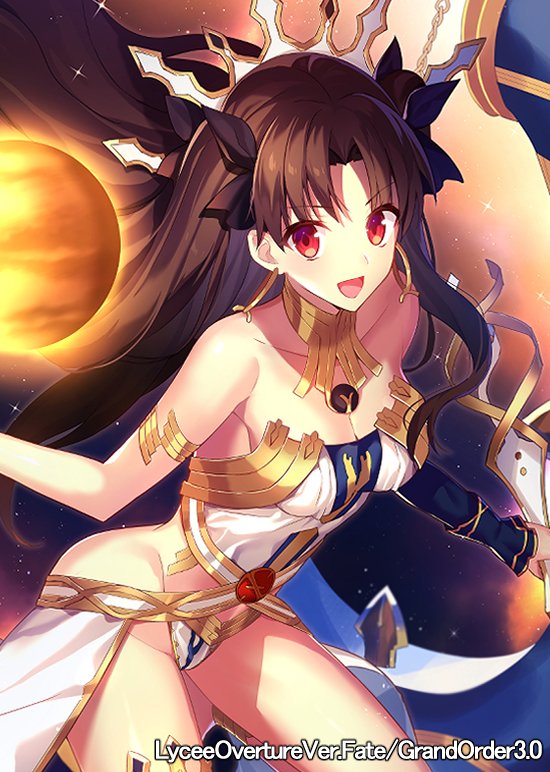 1girl bikini bikini_pull black_hair breasts crown earrings fate/grand_order fate_(series) fuyuki_(neigedhiver) ishtar_(fate) ishtar_(fate)_(all) jewelry long_hair looking_at_viewer open_mouth red_eyes solo space swimsuit twintails underwear venus_(planet)