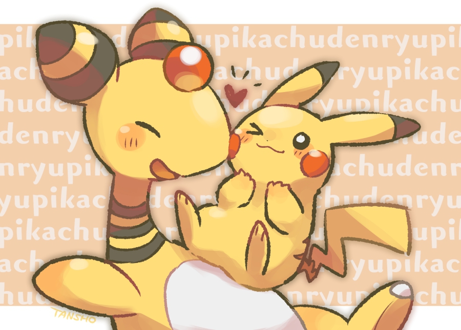 &gt;_o ampharos artist_name blush character_name closed_eyes closed_mouth commentary_request gen_1_pokemon gen_2_pokemon happy heart no_humans one_eye_closed open_mouth pikachu pokemon pokemon_(creature) smile tansho tongue