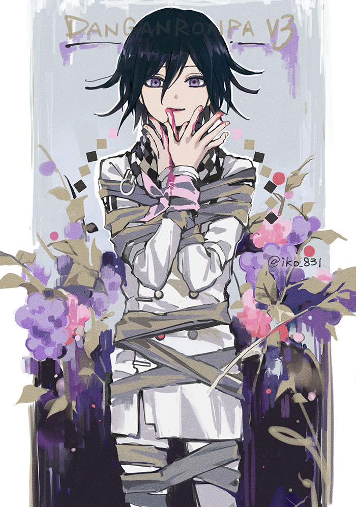 1boy bandages bangs black_hair blood bloody_hands border bound checkered checkered_neckwear checkered_scarf copyright_name cowboy_shot dangan_ronpa_(series) dangan_ronpa_v3:_killing_harmony double-breasted finger_to_mouth flower grey_jacket grey_pants hair_between_eyes hands_up iko_831 jacket long_sleeves looking_at_viewer male_focus ouma_kokichi pants parted_lips pink_blood pink_eyes pink_flower scarf short_hair smile solo tied_up violet_eyes white_border