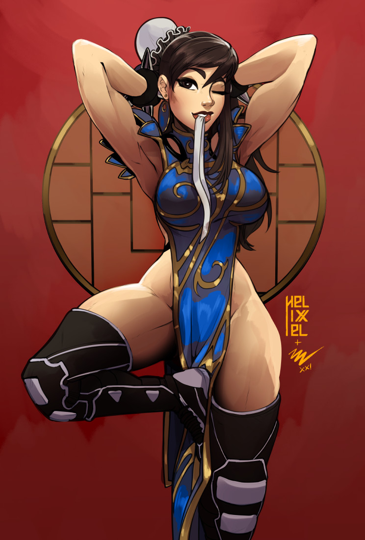 1girl adjusting_hair armpits arms_behind_head arms_up asymmetrical_hair black_footwear blue_dress boots breasts brown_eyes brown_hair bun_cover china_dress chinese_clothes chun-li collaboration dress earrings english_commentary hair_bun hair_down helixel jewelry knee_pads large_breasts lips long_hair mouth_hold no_panties official_alternate_costume one_eye_closed pelvic_curtain red_background revealing_clothes side_bun solo street_fighter street_fighter_v thick_eyebrows thick_thighs thigh-highs thigh_boots thighs vashperado