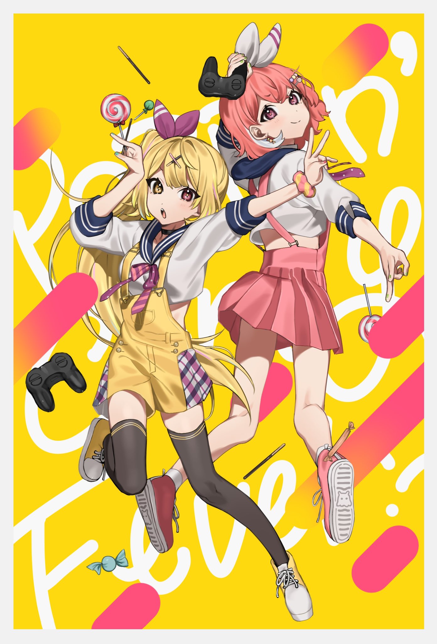 2girls black_legwear blonde_hair candy character_request checkered checkered_skirt controller copyright_request food game_controller highres lollipop multiple_girls open_mouth pink_eyes pink_footwear pink_hair pink_ribbon pocky ribbon school_uniform shirt skirt smile sweets white_ribbon white_shirt yami_ga_fukami yellow_eyes yellow_footwear