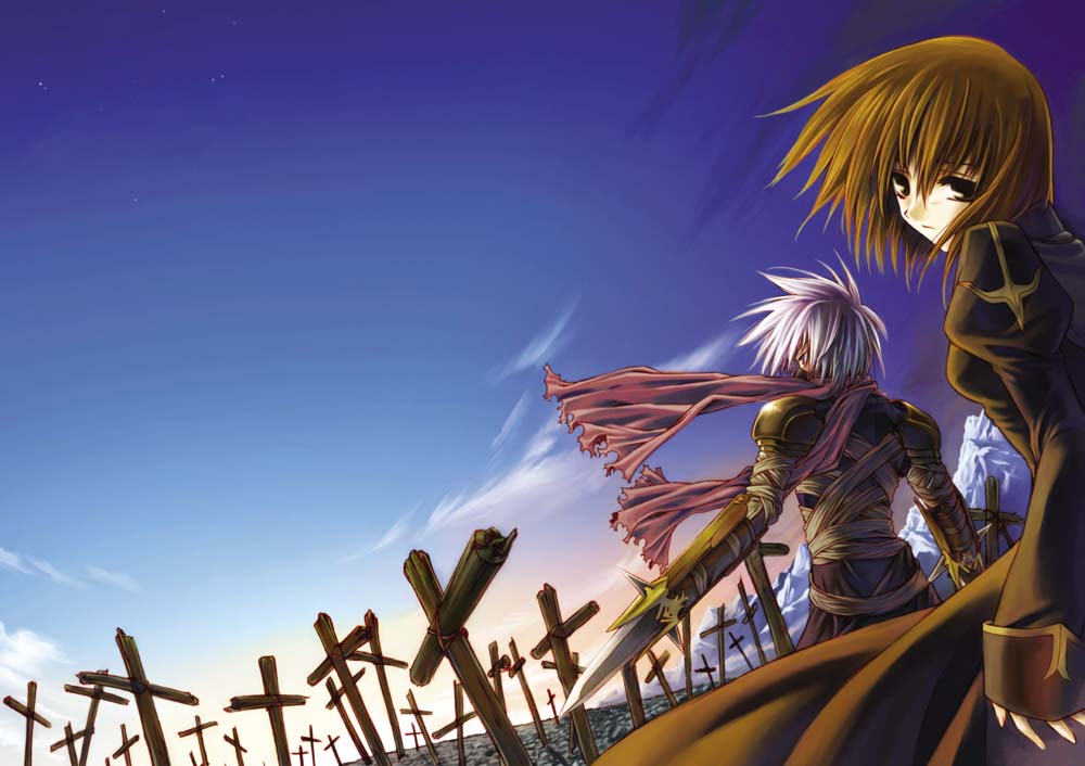 1boy 1girl armor assassin_(ragnarok_online) bandages bangs black_dress black_legwear brown_eyes brown_hair cape closed_mouth clouds commentary_request cowboy_shot cross dagger dress dutch_angle graveyard jamadhar juliet_sleeves long_sleeves looking_at_viewer looking_back looking_to_the_side morino_kiriko mountain ninja_mask pauldrons priest_(ragnarok_online) puffy_sleeves purple_cape purple_shirt ragnarok_online red_scarf scarf scenery shirt short_hair short_sleeves shoulder_armor sky standing stone thigh-highs tombstone torn_scarf waist_cape weapon white_hair