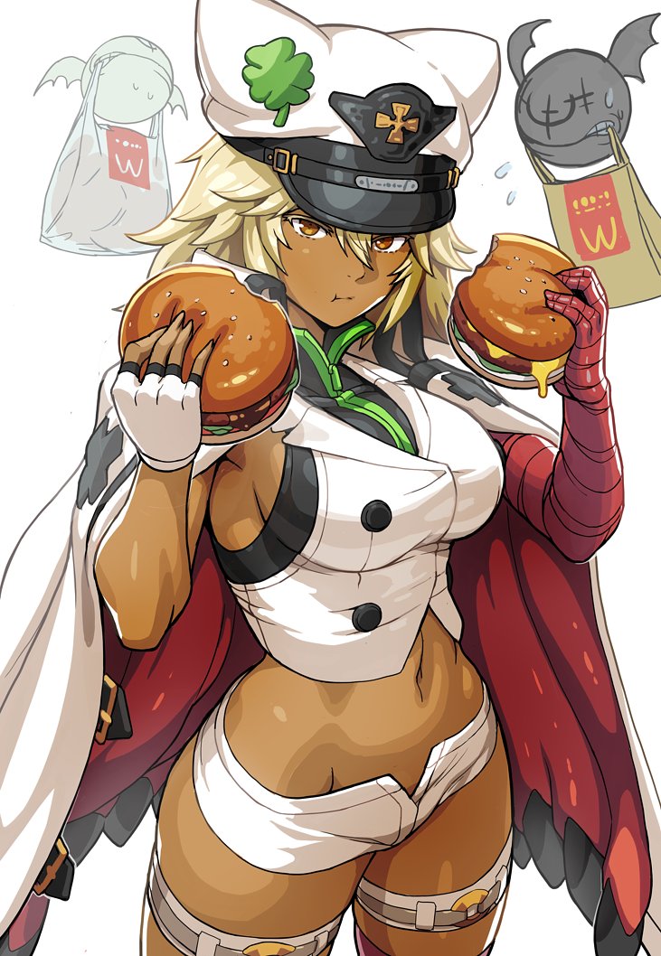 1girl bag bandages bangs breasts cape clover dark_skin dark-skinned_female eating fingerless_gloves food four-leaf_clover gloves guilty_gear guilty_gear_strive hair_between_eyes hamburger hat large_breasts long_hair looking_at_viewer midriff navel orange_eyes paper_bag plastic_bag platinum_blonde_hair ramlethal_valentine shorts sideboob simple_background solo stomach sweatdrop thick_thighs thigh_strap thighs tktr33 white_background white_cape white_gloves