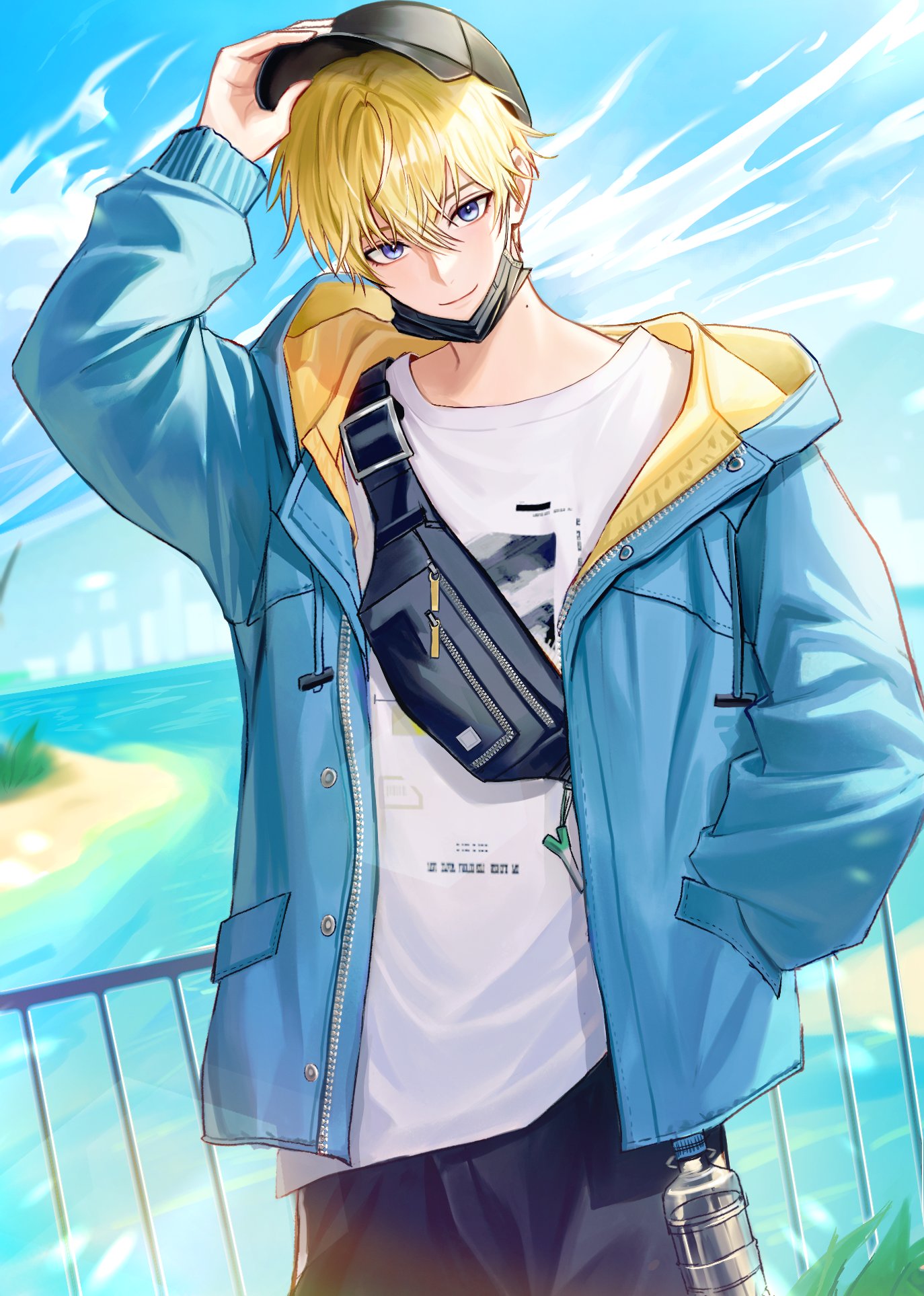 1boy adjusting_clothes adjusting_headwear arm_up baseball_cap beach black_headwear black_pants blonde_hair blue_jacket blue_sky blush bottle charm_(object) closed_mouth clouds cloudy_sky commentary_request crossed_bangs day drawstring fanny_pack hair_between_eyes hand_in_pocket hat highres holding holding_clothes holding_hat hood hood_down hooded_jacket jacket long_sleeves looking_at_viewer male_focus mole mole_on_neck nijisanji nijisanji_en off_shoulder official_alternate_costume open_clothes open_jacket outdoors pants pponnya print_shirt puffy_long_sleeves puffy_sleeves railing shirt short_hair sky smile solo sonny_brisko sonny_brisko_(2nd_costume) spring_onion standing violet_eyes virtual_youtuber water water_bottle white_shirt zipper zipper_pull_tab