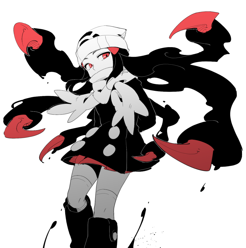 1girl arms_behind_back beanie black_coat black_footwear black_hair boots coat commentary_request hikari_(pokemon) gen_4_pokemon giratina hair_ornament hairclip hat legendary_pokemon long_hair looking_to_the_side nitorou pokemon pokemon_(game) pokemon_dppt scarf scarf_over_mouth sidelocks solo thigh-highs