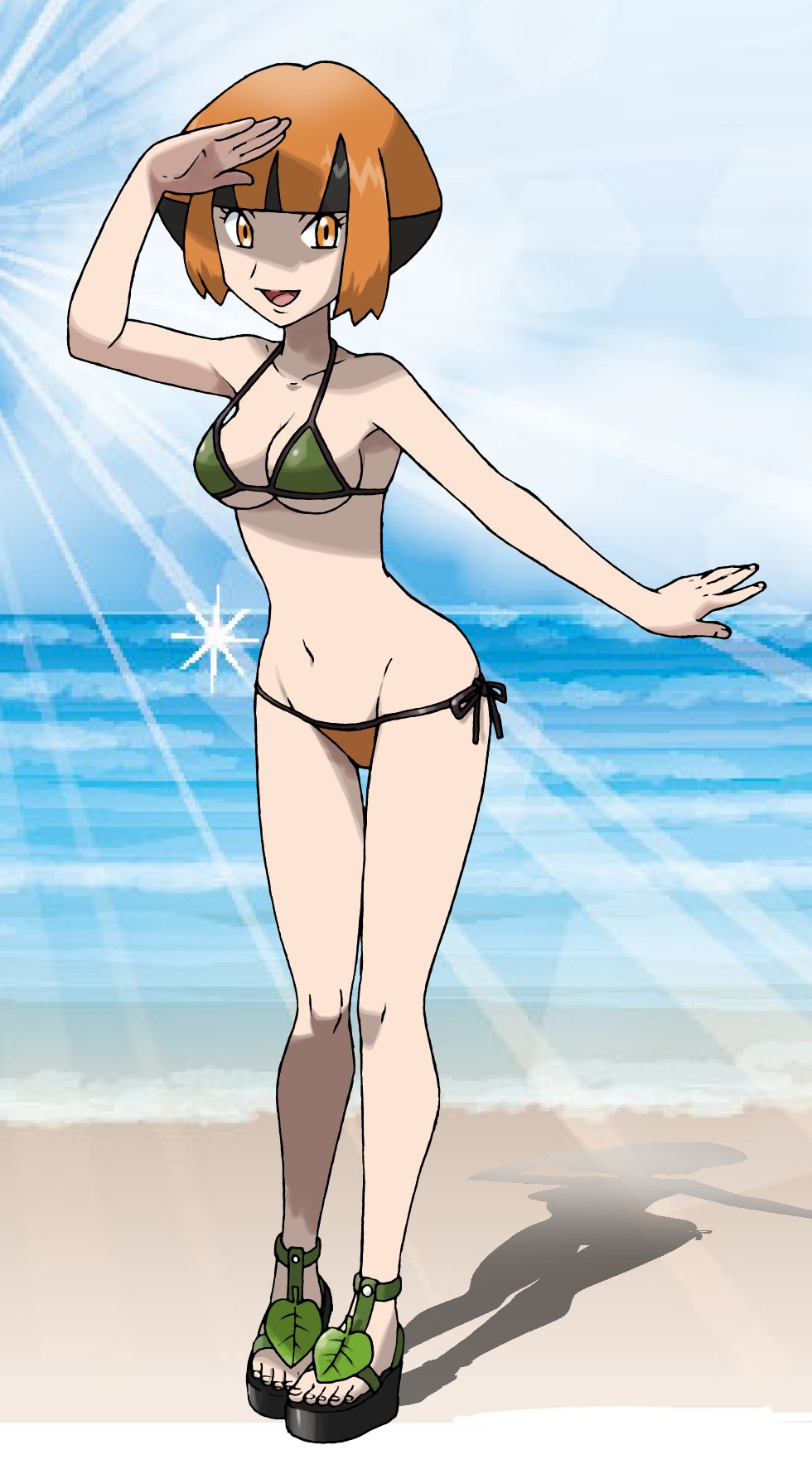 1girl bangs bikini black_hair blunt_bangs breasts collarbone commentary_request eyelashes full_body gardenia_(pokemon) gym_leader highres knees lens_flare light_beam multicolored_hair navel open_mouth orange_eyes orange_hair outdoors pigeon-toed platform_footwear pokemon pokemon_(game) pokemon_dppt sand shore short_hair smile solo standing swimsuit teru_zeta toes tongue two-tone_hair water