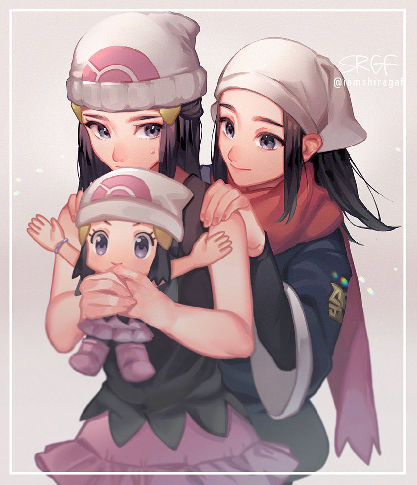 3girls bare_arms beanie black_hair boots bracelet closed_mouth commentary_request hikari_(pokemon) eyelashes female_protagonist_(pokemon_legends:_arceus) framed grey_eyes hair_ornament hairclip hands_on_another's_shoulders hat head_scarf holding jewelry multiple_girls pokemon pokemon_(game) pokemon_bdsp pokemon_dppt pokemon_legends:_arceus raga red_scarf scarf sidelocks smile sweatdrop white_headwear