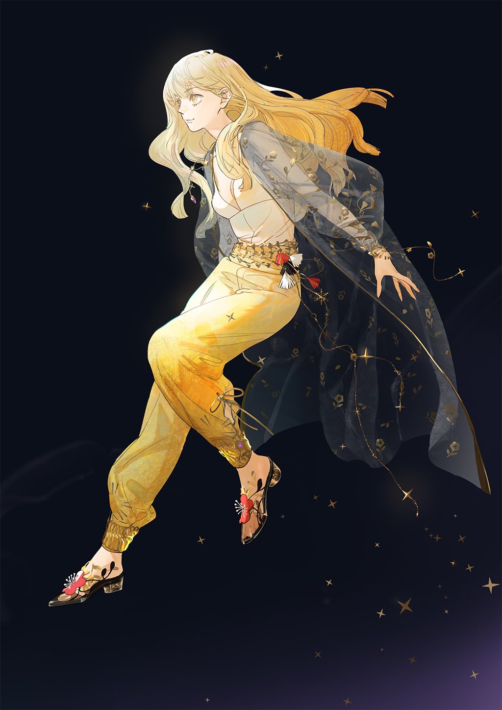 1girl black_background blonde_hair breasts eyebrows_visible_through_hair highres leg_up long_hair original pants shirt shirt_tucked_in shoes small_breasts smile solo tanjiu white_shirt yellow_pants