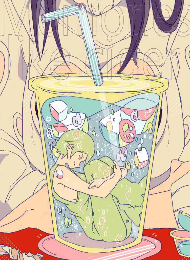 2girls closed_eyes cup drinking_straw foo_fighters green_hair green_overalls ice ice_cube in_container in_cup jojo_no_kimyou_na_bouken leg_hug minigirl multiple_girls no90710108 profile short_hair smile stone_ocean