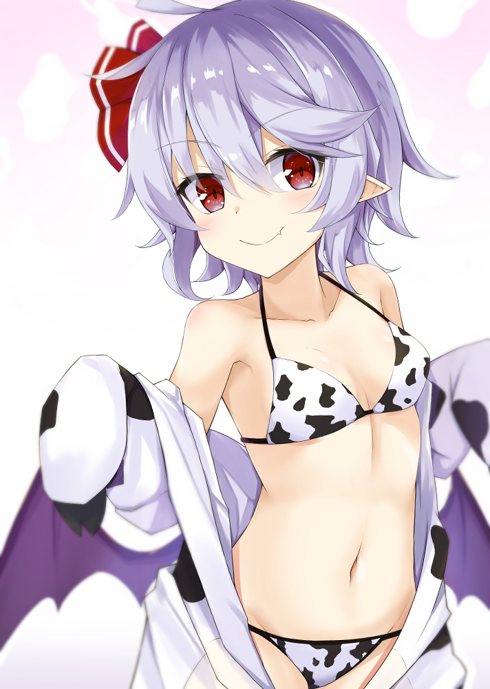 1girl ahoge akisome_hatsuka alternate_costume animal_costume animal_print bangs bare_shoulders bat_wings bikini blush breasts chinese_zodiac closed_mouth collarbone cow_costume cow_print eyebrows_visible_through_hair fang groin hair_between_eyes hair_ribbon light_purple_hair looking_at_viewer navel pink_background pointy_ears red_eyes red_ribbon remilia_scarlet ribbon short_hair simple_background skin_fang small_breasts smile solo stomach swimsuit touhou undressing upper_body white_background wings year_of_the_ox