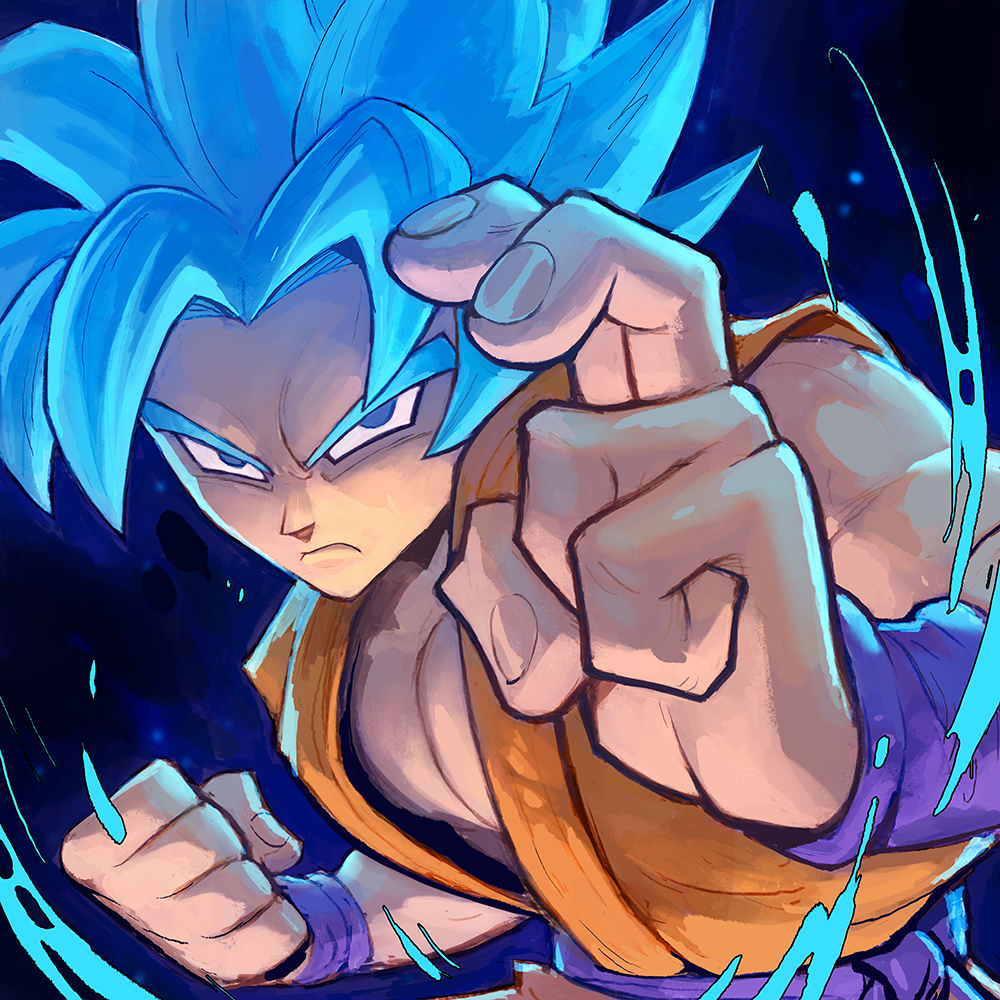 1boy blue_hair dragon_ball dragon_ball_super fighting_stance garrett_hanna glowing glowing_hair looking_at_viewer male_cleavage male_focus muscular muscular_male serious shirt sleeveless sleeveless_shirt solo son_goku spiky_hair super_saiyan super_saiyan_god upper_body