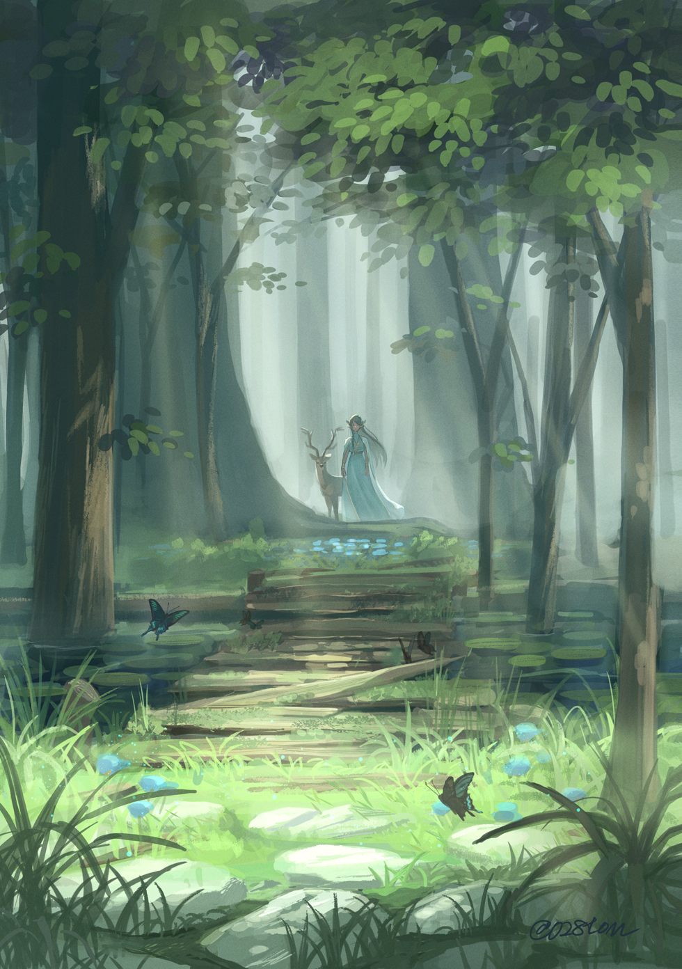 1girl animal bridge bug butterfly commentary day deer dress elf forest grass highres insect lily_pad long_hair nature original otton outdoors pointy_ears scenery tree water