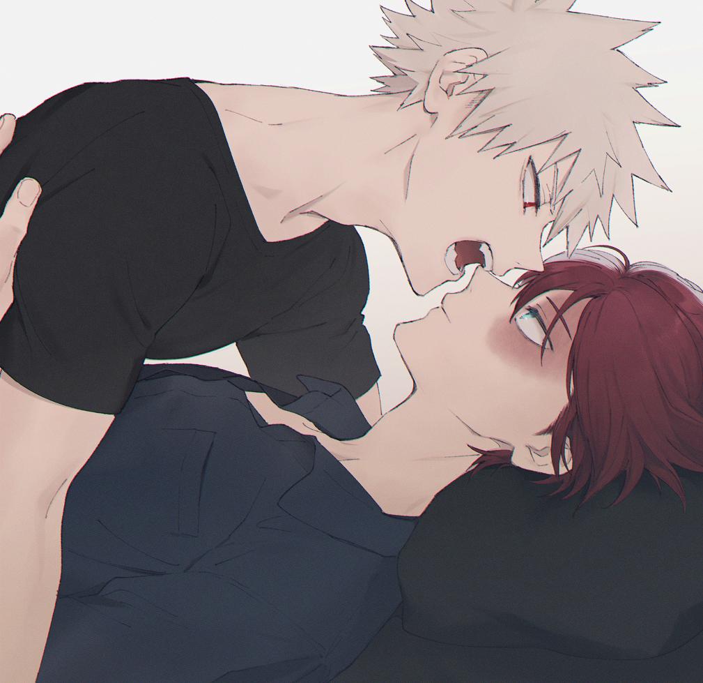 2boys bakugou_katsuki bangs black_shirt blonde_hair blue_eyes boku_no_hero_academia burn_scar closed_mouth collared_shirt eye_contact looking_at_another male_focus multicolored_hair multiple_boys open_mouth red_eyes redhead scar shirt short_hair spiky_hair t-shirt teeth todoroki_shouto two-tone_hair umi_(ul8nl) white_hair