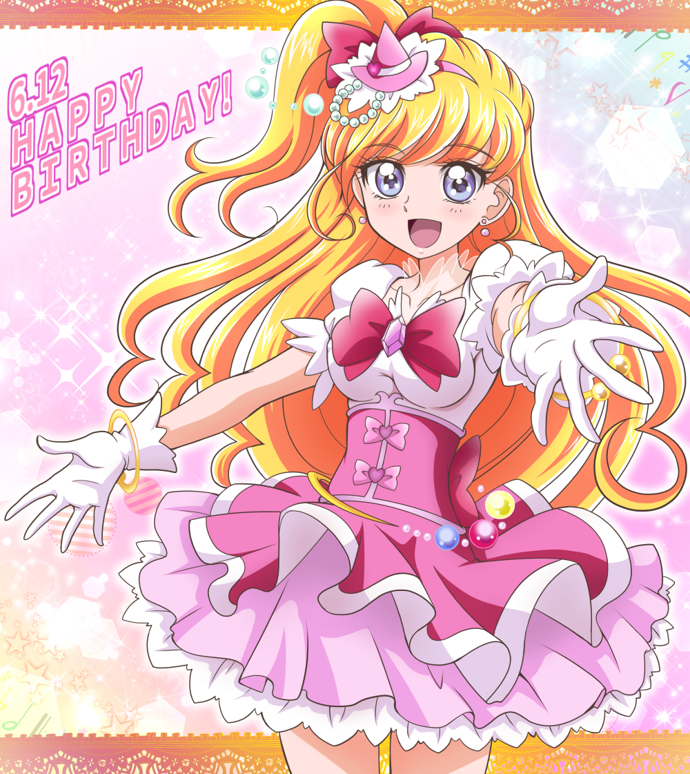 1girl :d bangs blonde_hair blue_eyes bow bowtie bracelet breasts collarbone cowboy_shot cure_miracle earrings eyebrows_visible_through_hair floating_hair gloves hair_bow hairband hanzou happy_birthday hat jewelry layered_skirt long_hair looking_at_viewer mahou_girls_precure! medium_breasts mini_hat miniskirt open_mouth outstretched_arms pink_hairband pink_headwear pink_skirt precure red_bow red_neckwear shiny shiny_hair shirt short_sleeves side_ponytail skirt smile solo standing underbust very_long_hair white_gloves white_shirt witch_hat