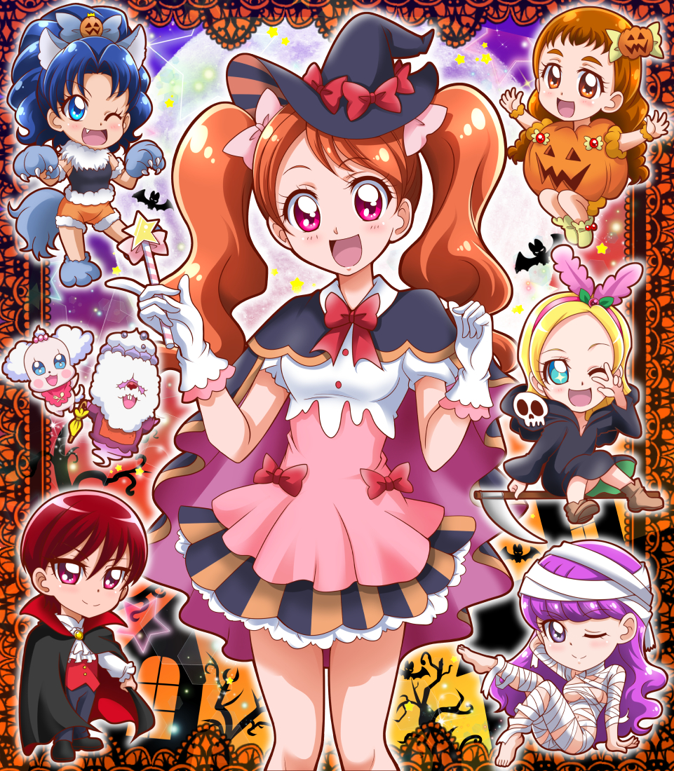 6+girls :d ;d animal_costume animal_ears arisugawa_himari arm_strap bandages bangs black_cape black_coat black_headwear blonde_hair blue_bow blue_eyes blue_gloves blue_hair blue_pants blush bow bowtie breasts brown_eyes brown_hair cape chibi chourou_(precure) closed_mouth coat eyebrows_visible_through_hair fang food_themed_hair_ornament fur-trimmed_shorts fur_trim gloves hair_bow hair_ornament hairband halloween halloween_costume hanzou hat hat_bow high_ponytail hood hood_down hooded_coat kenjou_akira kirahoshi_ciel kirakira_precure_a_la_mode kirarin_(precure) kotozume_yukari layered_skirt long_hair looking_at_viewer medium_breasts multiple_girls naked_bandage one_eye_closed open_mouth orange_scrunchie orange_shorts outstretched_arms pants paw_gloves paws precure pumpkin_costume pumpkin_hair_ornament purple_hair red_bow red_eyes red_hairband red_neckwear red_vest redhead scrunchie shiny shiny_hair short_hair short_shorts shorts skirt smile striped striped_skirt swept_bangs tail tategami_aoi usami_ichika vampire very_long_hair vest w_over_eye white_gloves witch_hat wolf_costume wolf_ears wolf_tail wrist_scrunchie yellow_footwear