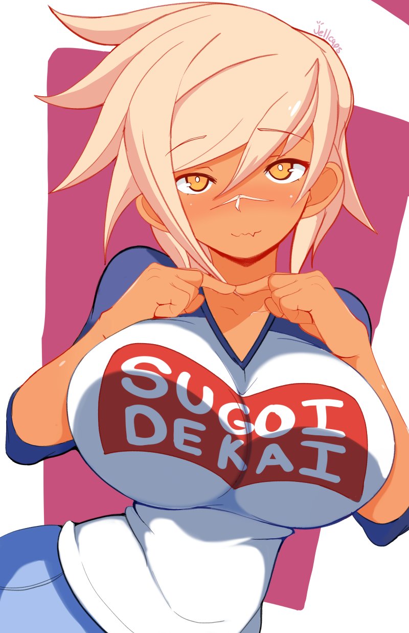 1girl ;3 artist_name blazblue blush breast_squeeze breasts bullet_(blazblue) dark_skin dark-skinned_female eyebrows_visible_through_hair facial_mark fang fingers_together hair_between_eyes highres jellcaps large_breasts looking_at_viewer meme_attire one_eye_closed pants platinum_blonde_hair purple_background scar shirt simple_background skin_fang solo sugoi_dekai white_shirt yellow_eyes