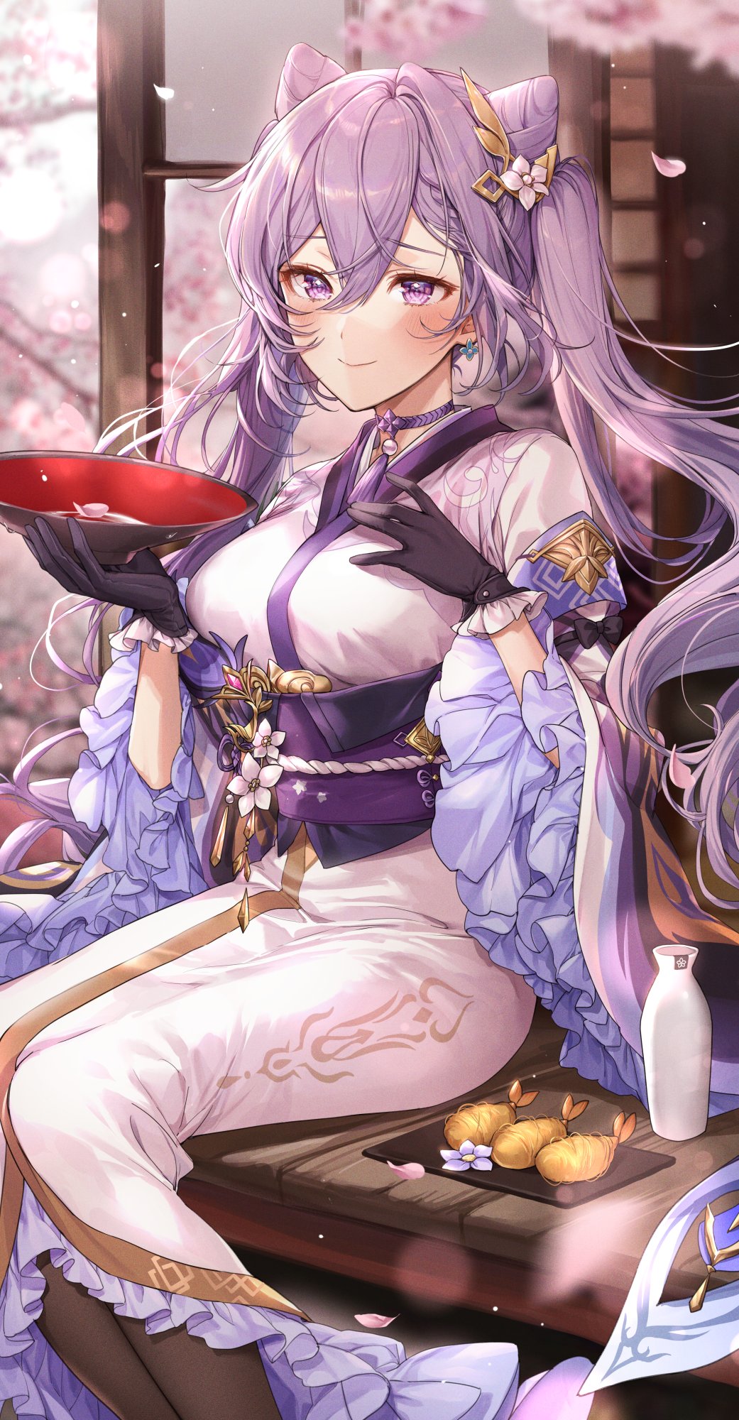 1girl breasts cherry_blossoms choker commentary_request day eyebrows_visible_through_hair food genshin_impact gloves hair_between_eyes highres holding keqing_(genshin_impact) long_hair looking_at_viewer medium_breasts outdoors pillo purple_hair sitting smile solo twintails violet_eyes