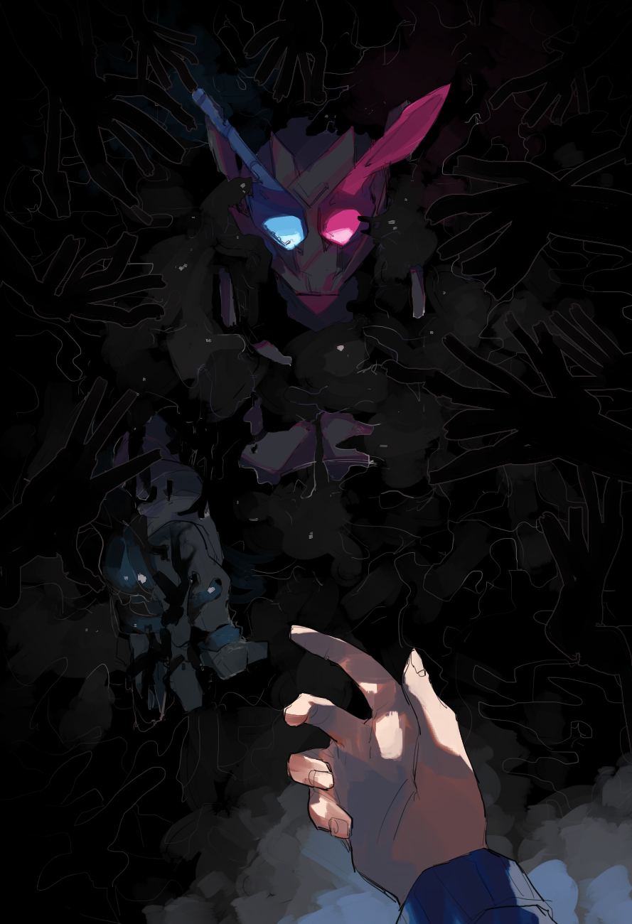 2boys arm_up black_background blue_eyes character_request chikichi commentary_request dark disembodied_limb from_above glowing glowing_eyes helmet heterochromia highres kamen_rider kamen_rider_build kamen_rider_build_(series) long_sleeves looking_at_viewer male_focus multiple_boys pink_eyes pov rabbit+tank_form_(black_hazard) reaching reaching_out sinking straight-on