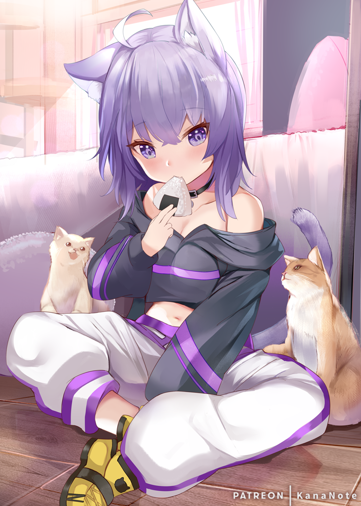 1girl ahoge animal animal_ear_fluff animal_ears arm_between_legs artist_name bed between_legs black_collar breasts cat cat_ears cat_girl collar collarbone commentary_request eating eyebrows_visible_through_hair food holding holding_food hololive indian_style indoors looking_at_viewer medium_hair midriff mujinbi navel nekomata_okayu off_shoulder on_floor onigiri open_mouth pants patreon_username pillow purple_hair shoes sitting small_breasts solo tail violet_eyes virtual_youtuber white_pants yellow_footwear