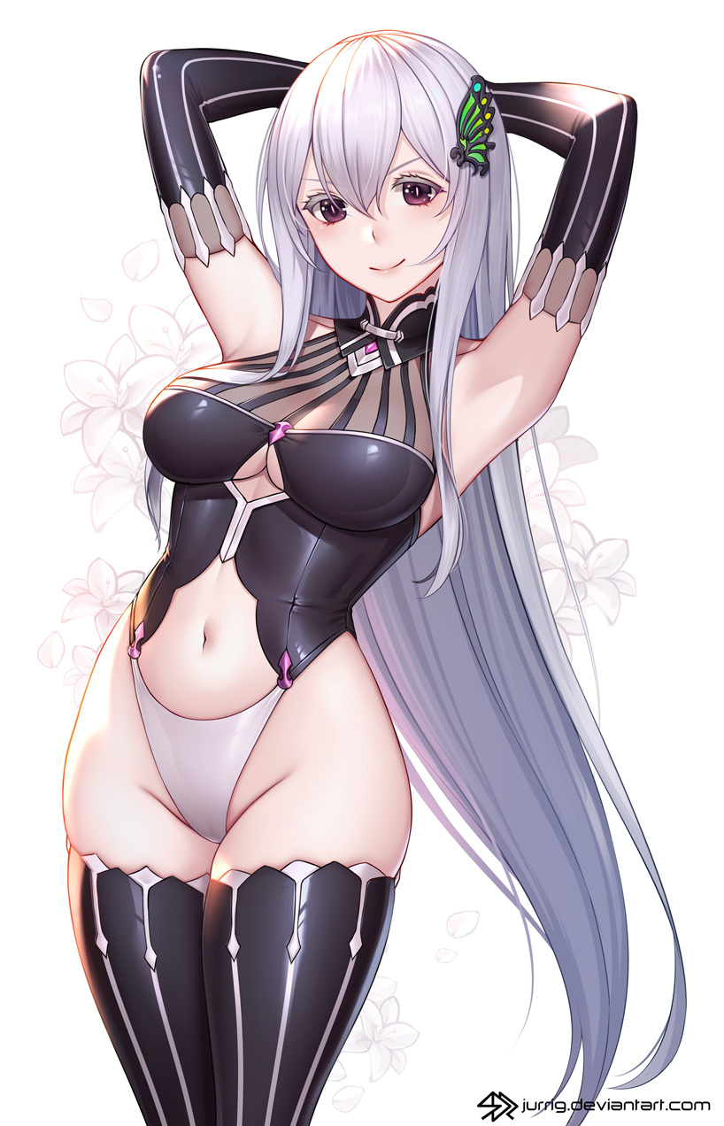 &gt;:) 1girl armpits arms_behind_head arms_up artist_name bangs black_legwear blush breasts butterfly_hair_ornament closed_mouth clothing_cutout cowboy_shot echidna_(re:zero) elbow_gloves floral_background gloves groin hair_ornament highleg highleg_leotard highres jurrig large_breasts leotard long_hair looking_at_viewer navel navel_cutout re:zero_kara_hajimeru_isekai_seikatsu silver_hair smile smug solo striped striped_gloves striped_legwear thigh-highs two-tone_leotard under_boob underboob_cutout vertical-striped_legwear vertical_stripes very_long_hair violet_eyes watermark web_address white_background