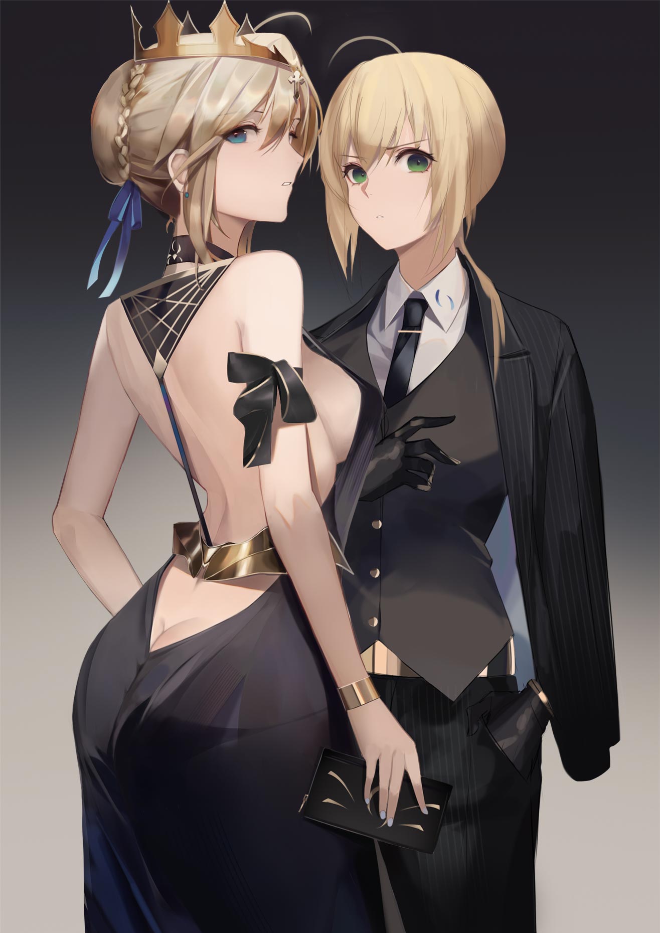 2girls ahoge artoria_pendragon_(all) artoria_pendragon_(lancer)_(fate) ass backless_dress backless_outfit bangs bare_arms bare_shoulders black_dress blonde_hair blue_eyes blue_ribbon braid breasts butt_crack coat coat_on_shoulders cross crown dress eyebrows_visible_through_hair fate/grand_order fate_(series) formal french_braid fumiho_(xzdt4574) green_eyes hair_ribbon highres multiple_girls necktie ponytail ribbon saber sideboob sidelocks suit