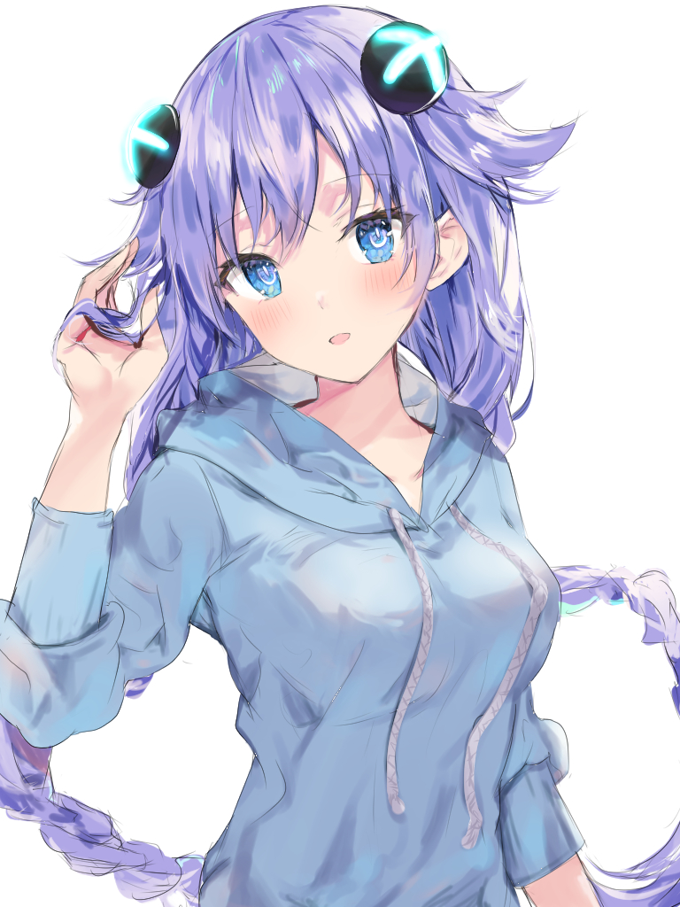 1girl :d aisu_(icicleshot) alternate_costume blue_eyes blue_hoodie blush braid breasts casual choujigen_game_neptune d-pad d-pad_hair_ornament hair_between_eyes hair_ornament hand_up holding holding_hair hood hood_down hoodie long_hair looking_at_viewer medium_breasts neptune_(series) open_mouth power_symbol purple_hair purple_heart simple_background smile solo symbol-shaped_pupils twin_braids twintails very_long_hair white_background